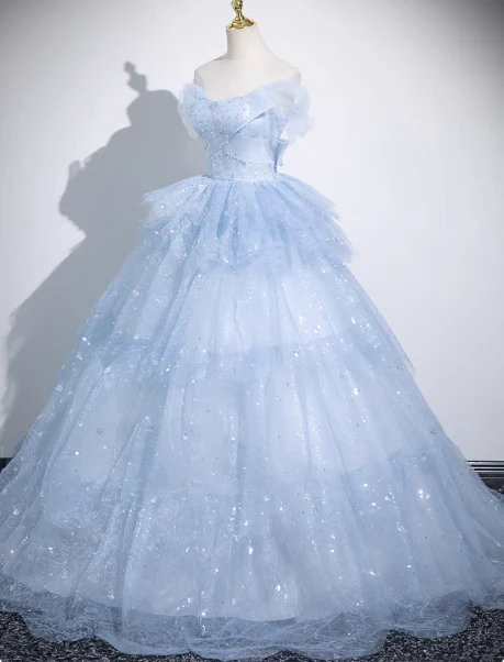 Cute Off-shoulder Ball Gown Tulle Sequined Long Prom Dress Sweet Ice Blue Quinceanera Dress DP2964 - Deanwangkt