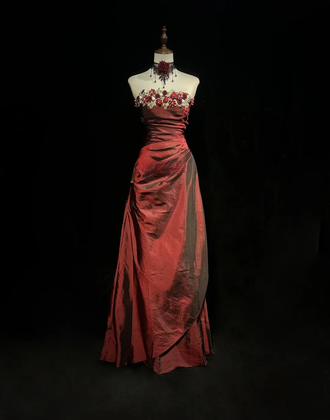 Retro A Line Strapless Burgundy Sleeveless Taffeta Long Flowers Prom Dresses Party Dress 18th Birthday Outfits Graduation Dresses DH2656 - Deanwangkt