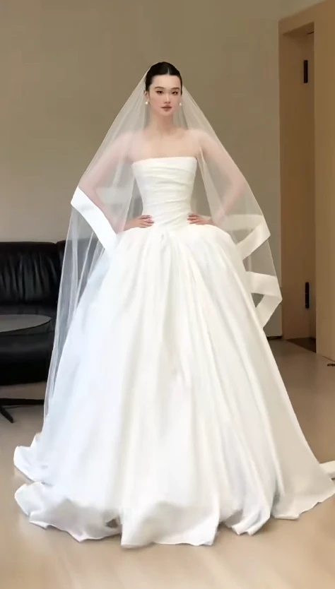Modest Strapless Ball Gown Long Wedding Dresses Sleeveless Satin Bridal Dresses White Bridal Gowns DP3844 - Deanwangkt