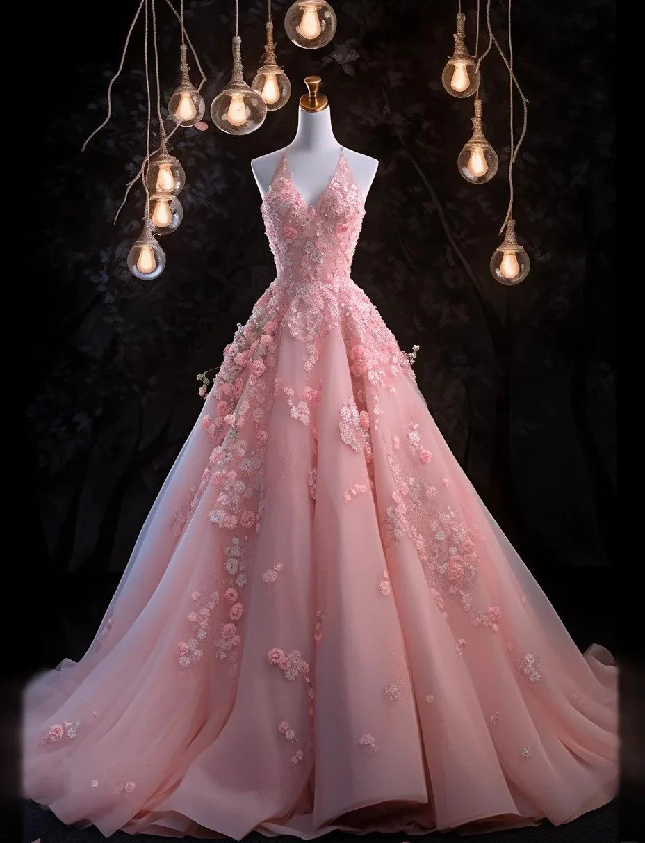 Cute Pink Halter Neck A-Line Long Prom DressTulle Applique Formal Evening Dress DP2974 - Deanwangkt