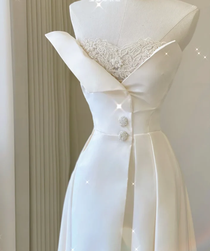 Unique A line Strapless Neckline Satin Long Wedding Dresses White Brides Dress DP459 - Deanwangkt