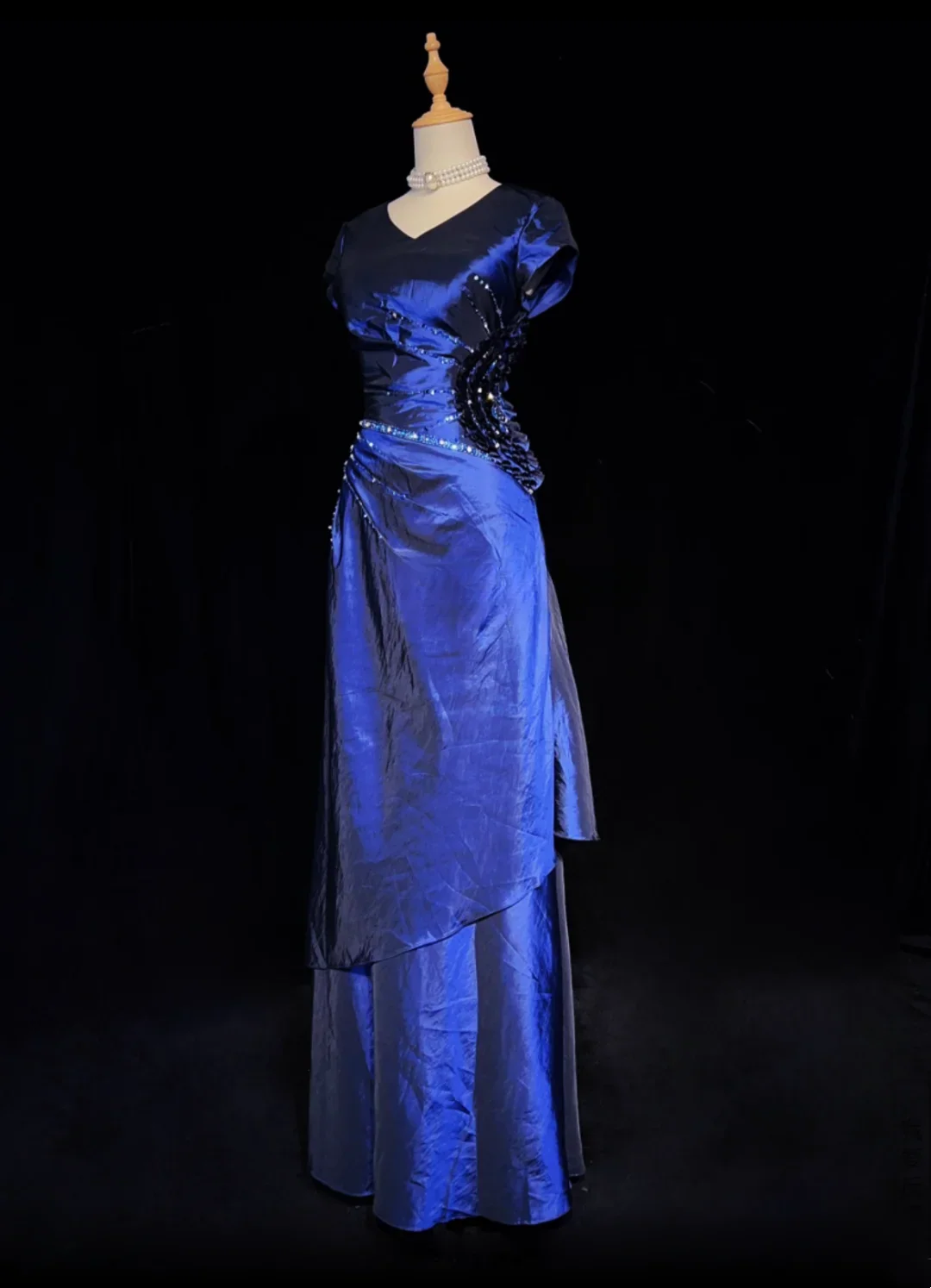 Retro A Line V Neck Navy Blue Short Sleeves With Silver Beads Long Flowers Prom Dresses Party Dress 21st Birthday Outfits Graduation Dresses DH2660 - Deanwangkt