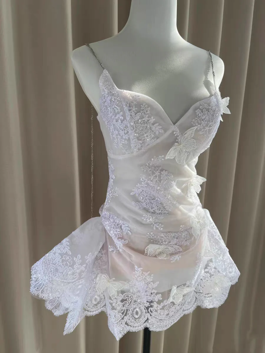 Pretty A line Spaghetti Straps White Lace Formal Homecoming Dresses Short 16th Birthday Outfits Graduation Dress Mini Cocktail Dresses DH2464 - Deanwangkt