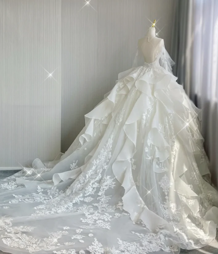 Unique Ball Gown Scoop Neckline Lace Long Sleeves White Wedding Dresses Brides Dress DP419 - Deanwangkt