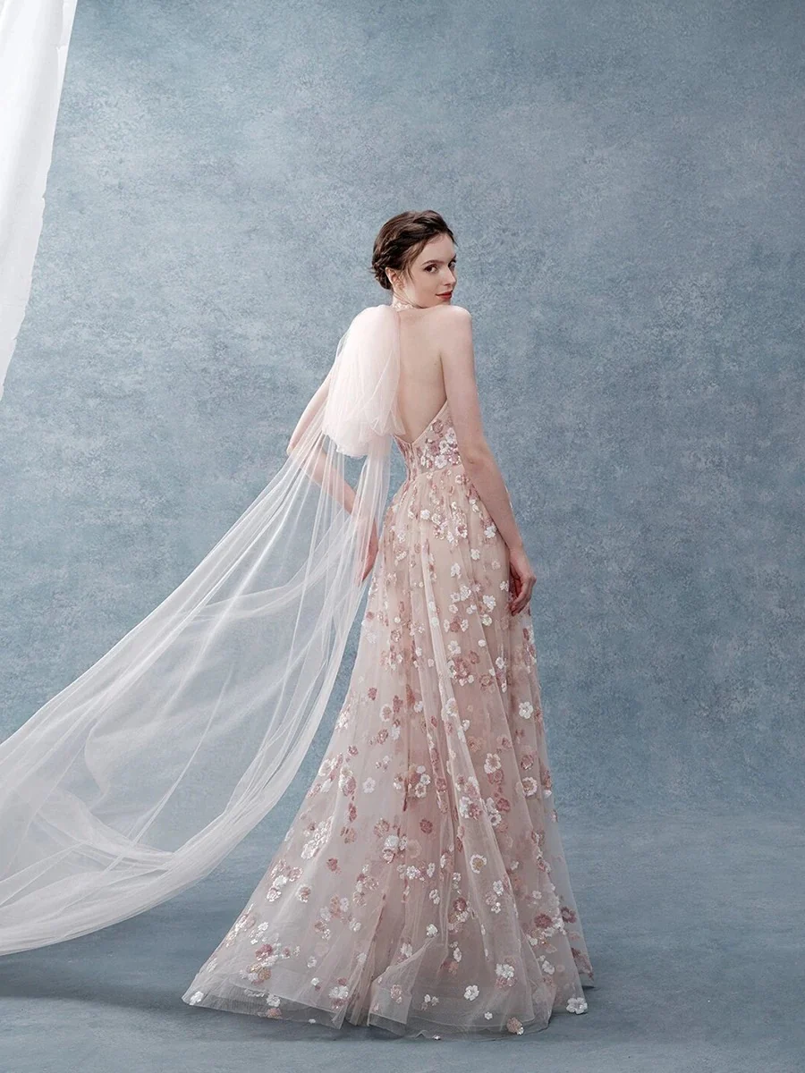 Classy A Line Halter Pink Floral Evening Dress Long Prom Dresses H2882 - Deanwangkt