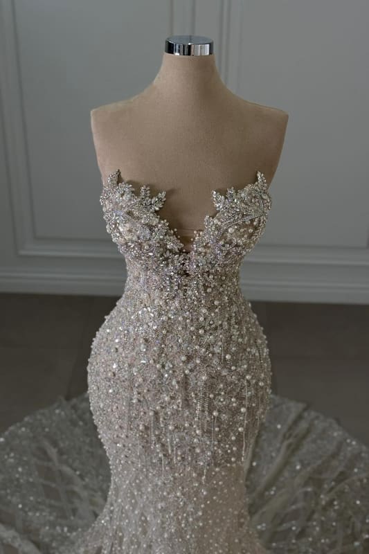 Luxury Sweetheart Sleeveless Beaded Lace Mermaid Wedding Dress DP612 - Deanwangkt