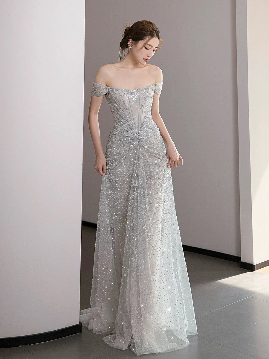 Classy Mermaid Off The Shoulder Silver Sequin Long Evening Dress Long Prom Dresses H2877 - Deanwangkt