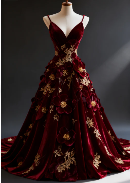 Gorgeous Ball Gown Velvet Long Prom Dresses; Appliqué Spaghetti Straps Burgundy Quinceanera Dresses; Sweet 16 Dresses DP04034 - Deanwangkt