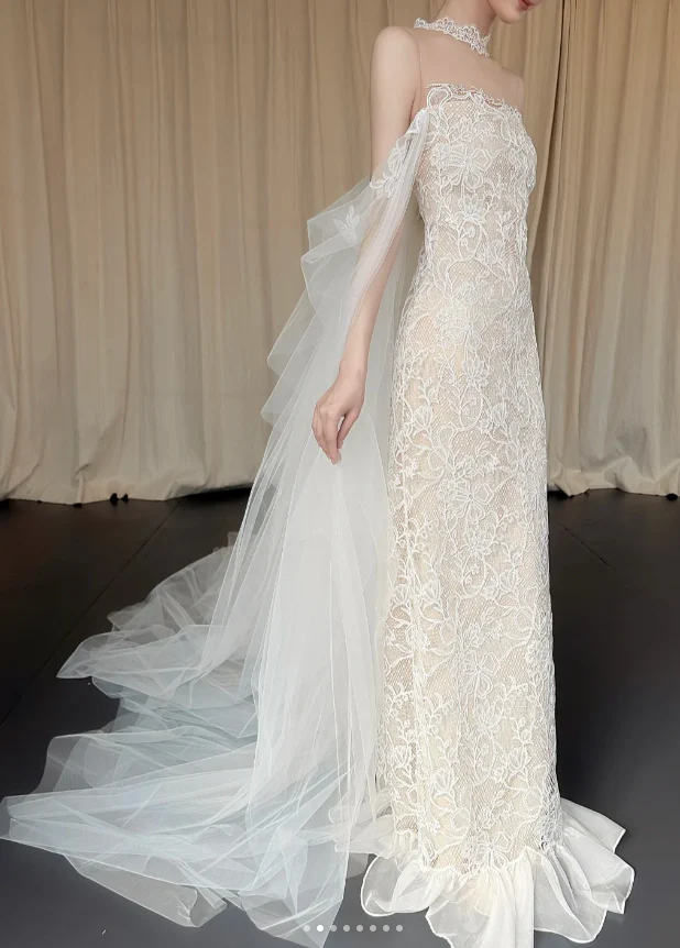 Elegant Strapless Sheath Wedding Dresses Lace Applique White Bridal Dresses DP3327 - Deanwangkt