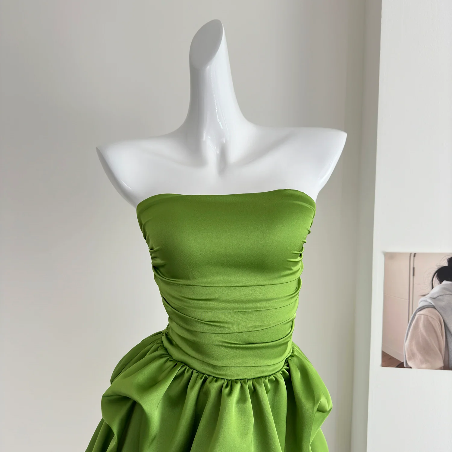 Cute A line Strapless Green Satin Short Summer Dress Holiday Party Birthday Outfits DP0145 - Deanwangkt