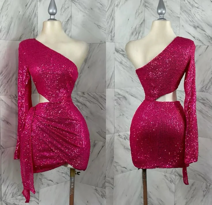 Cute Sheath One Shoulder Sequin Hot Pink Short Homecoming Dress Summer Middle School Formal Hoco Dresses Cocktail Dress Birthday Outfits W0587 - Deanwangkt