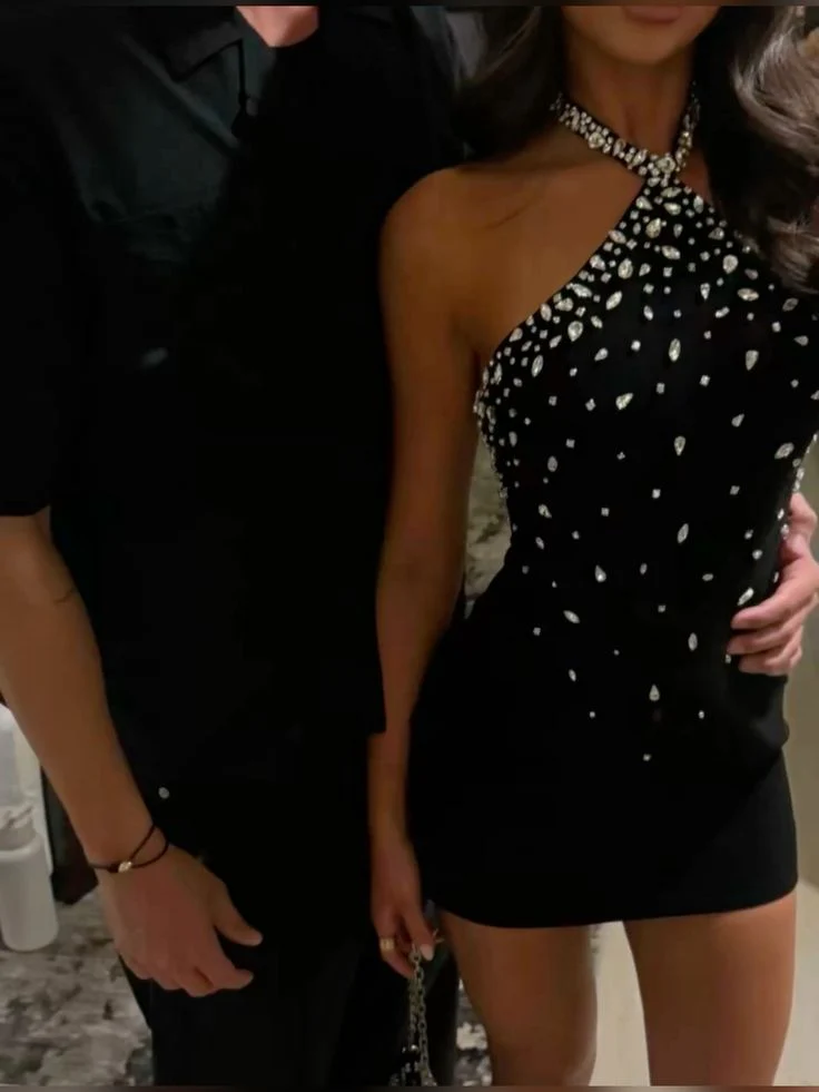 Sparkly Sheath Halter Black Silver Beads Short Tight Formal Homecoming Dresses Night Chic Elegant Short Dresses Party Dress 18th Birthday Outfits Hoco Dresses DH2705 - Deanwangkt