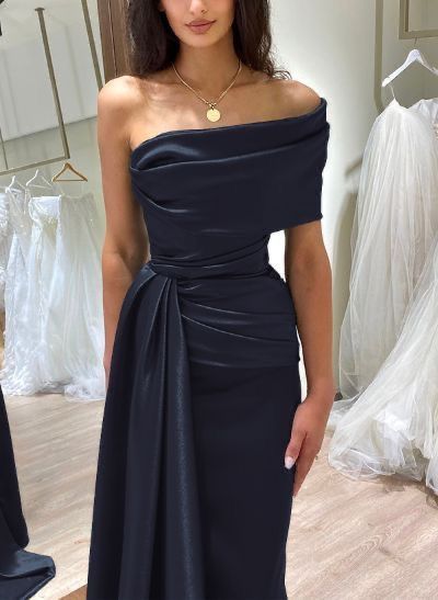 Classy Sheath Off The Shoulder Satin Navy Blue Prom Dresses Summer Wedding Guest Dresses Wedding Guest Outfits DP777 - Deanwangkt