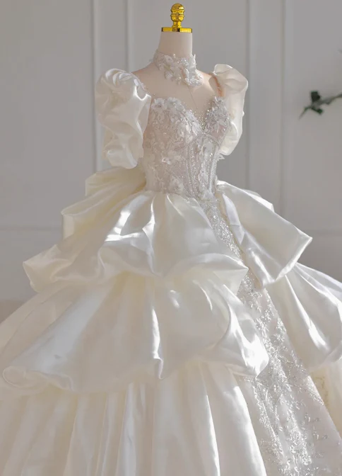 Princess Bridal Dress Ball Gown V-Neck Satin White Beads Long Wedding Dress Modest Lace Bridal Gowns DP2766 - Deanwangkt