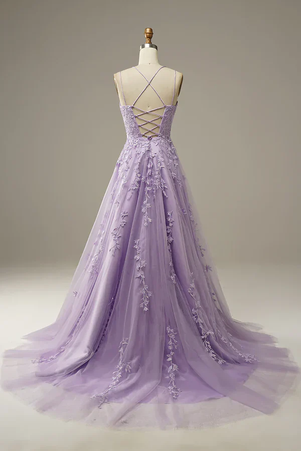 A-Line Purple Spaghetti Straps Long Prom Dress with Appliques Birthday Outfits Party Dress Formal Dress DP258 - Deanwangkt