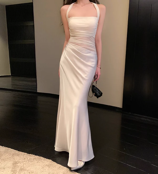 Elegant Halter Mermaid Satin Long Prom Dresses White Formal Evening Dresses  DP2980 - Deanwangkt