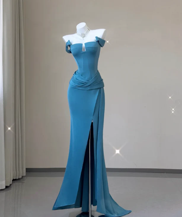 Classy Mermaid Strapless Blue Satin Evening Dress Long Prom Dresses P0009 - Deanwangkt