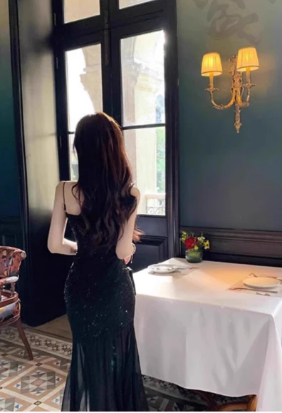 Stunning Mermaid Spaghetti Strap Long Evening Gown Black Chiffon Formal Dress Elegant Birthday Prom Dress DP2805 - Deanwangkt