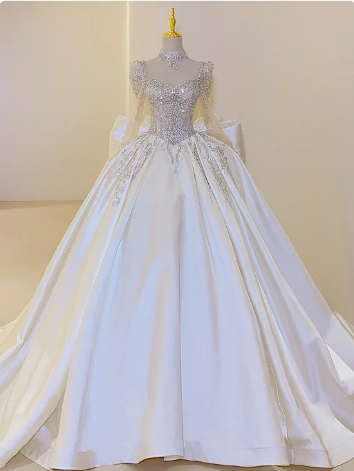 Princess Bridal Dress Ball Gown V-Neck Satin White Beads Long Wedding Dress Modest Long Sleeves Bridal Gowns DP2768 - Deanwangkt