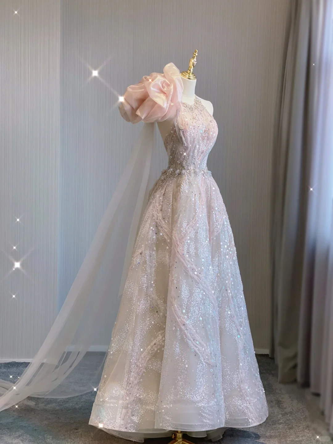 Classy Ball Gown One Shoulder Pink Sequin Evening Dress Long Prom Dresses P0020 - Deanwangkt