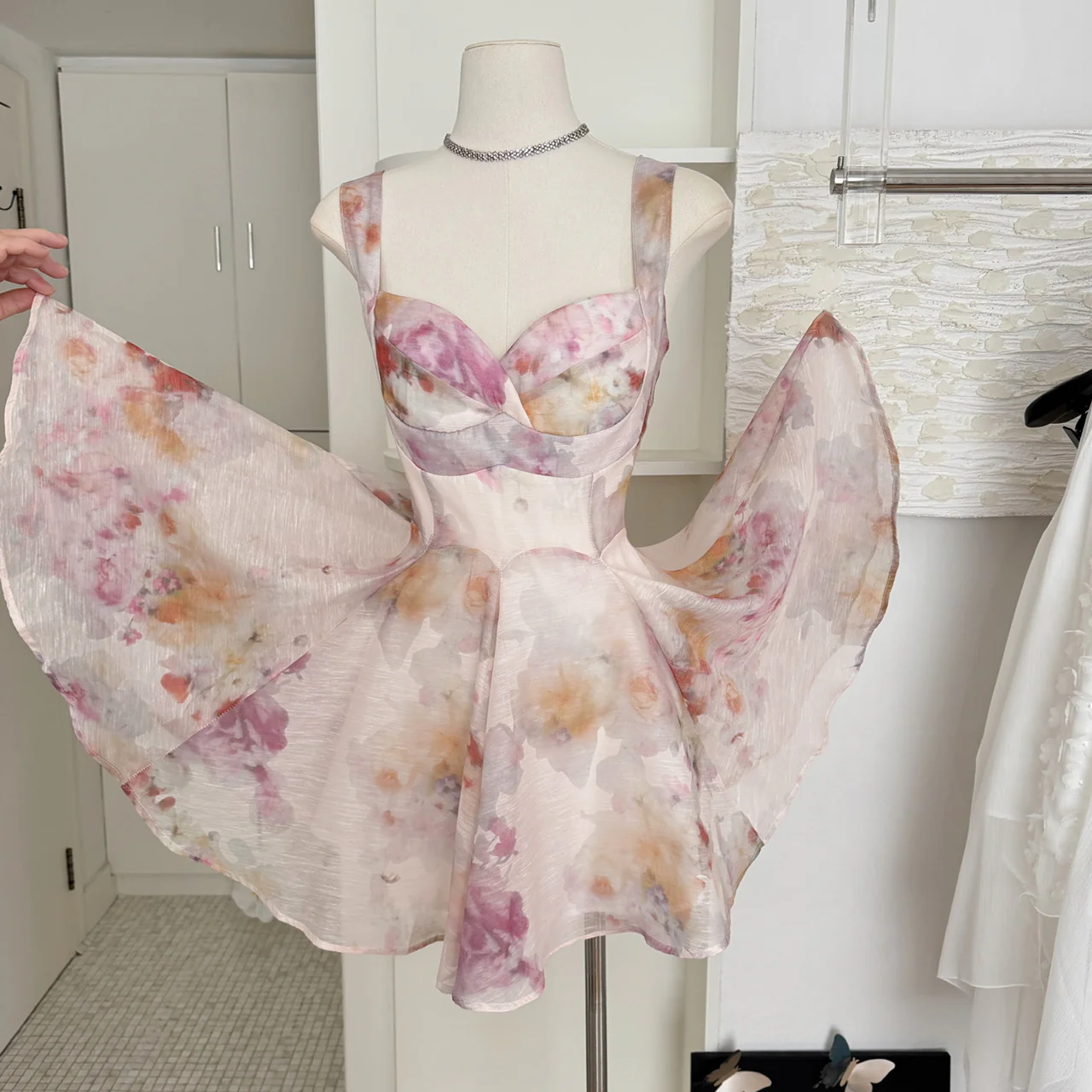 Cute A line Straps Floral Pink Short Summer Dress Holiday Party Birthday Outfits DP0138 - Deanwangkt