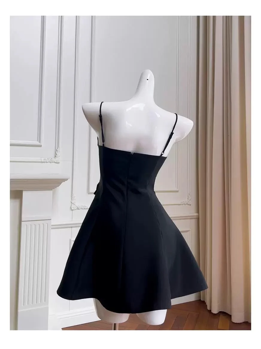 Trendy A Line Spaghetti Straps Black Satin Formal Short 8th Grade Homecoming Dress Summer Middle School Hoco Dresses Birthday Outfits W929 - Deanwangkt