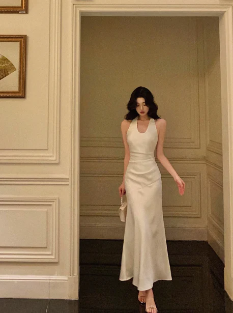 Sexy Mermaid Halter White Satin 18th Birthday Dress Ankle Length Party Birthday Outfits For Women DP0164 - Deanwangkt