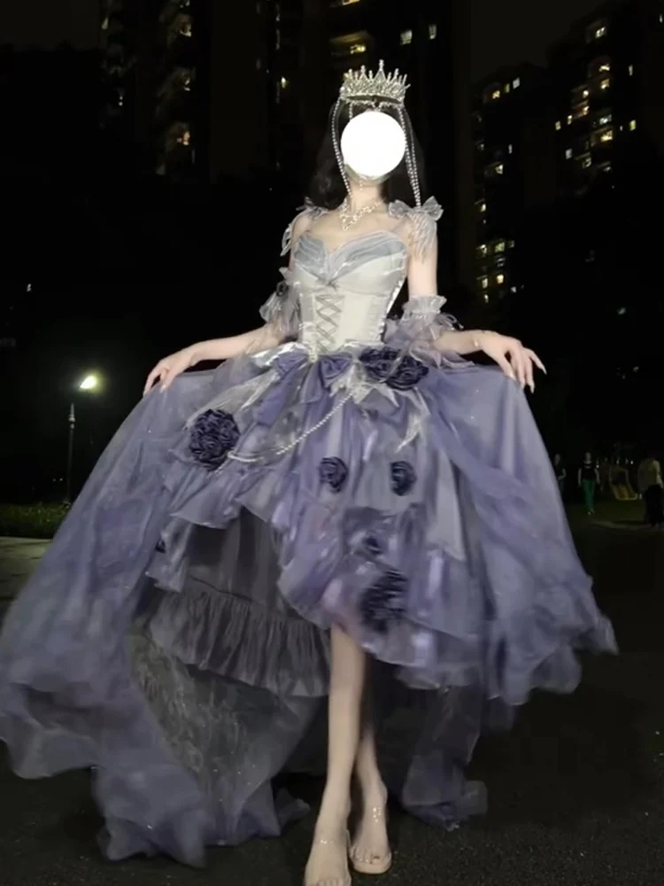 Vintage Ball Gown Spaghetti Straps Grape Chiffon Summer 18th Birthday Dress High Low Ombre Blue Pearls Lolita Dress Birthday Outfits W1253 - Deanwangkt