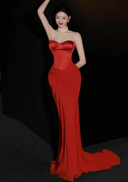 Glamour Red Mermaid Evening Gown Sweetheart Neck Formal Dress Satin Chiffon  Modest Long Prom Dresses DH2701 - Deanwangkt