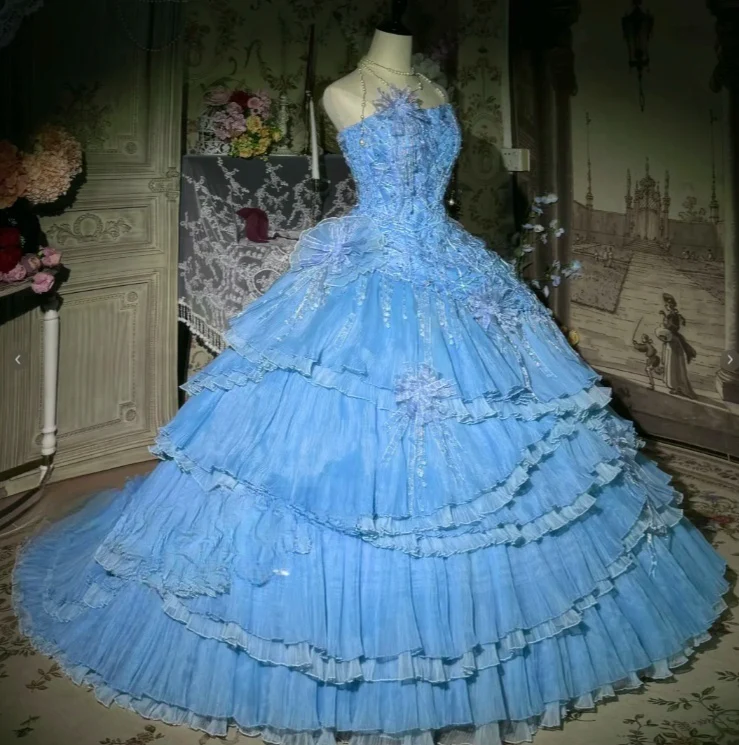 Gorgeous Strapless Ball Gown Chiffon Long Prom Dresses Blue Quinceanera Dresses Sweet 16 Dresses DP3362 - Deanwangkt