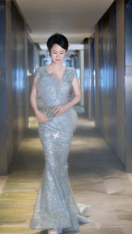 Glitter V neck Mermaid Mother of the Bride Dresses, Sequined Tulle Blue Evening Dresses DP3237 - Deanwangkt