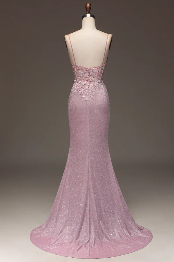 Classy Glitter Blush Mermaid Spaghetti Straps Long Prom Dress With Beading Graduation Dresses DP511 - Deanwangkt