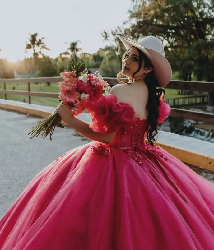 Cute Off-the-shoulder Ball Gown Tulle Long Prom Dresses Fuchsia Quinceanera Dresses estido De 15 Anos Sweet 16 Dress DP3261 - Deanwangkt