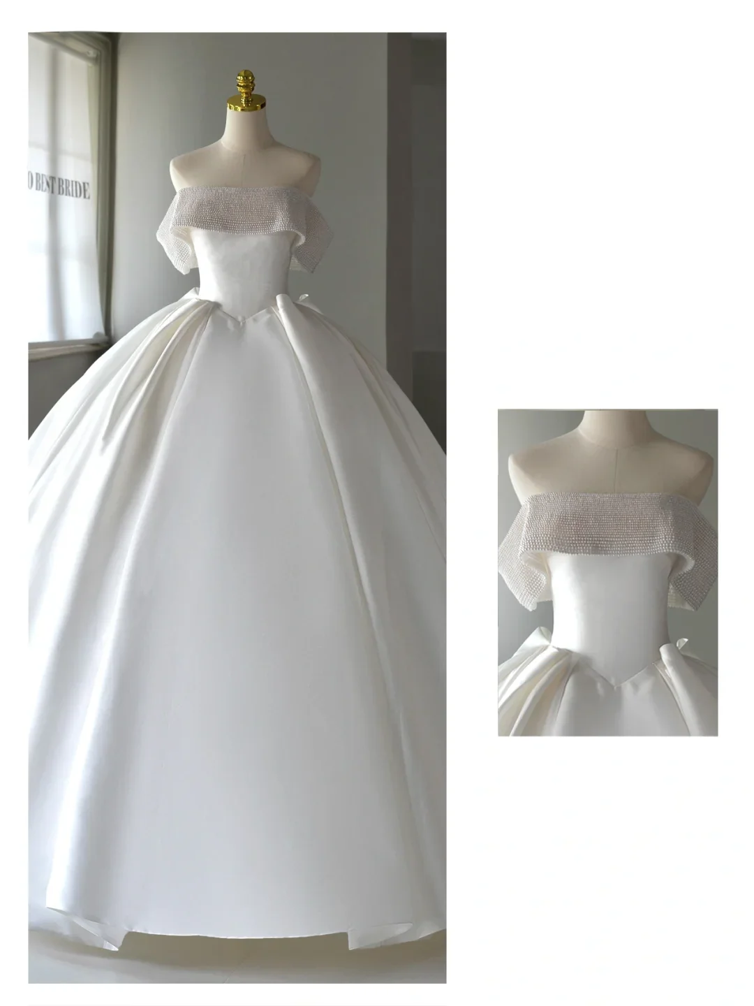 Ethereal Wedding Dress Ball Gown Off The Shoulder Satin White Wedding Dresses Bridal Gowns P2045 - Deanwangkt