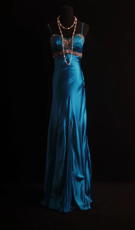 Vintage Spaghetti Strap Sheath Long Prom Dresses Beaded Satin Blue Evening Dresses DP3688 - Deanwangkt