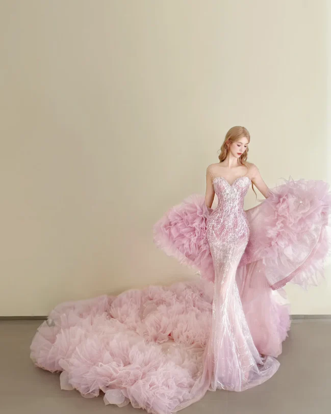 Elegant Mermaid Pink Long Prom Dresses Tulle Sleeveless Pink Birthday Dresses Sweetheart Neck Rhinestone Evening Dresses DP3933 - Deanwangkt