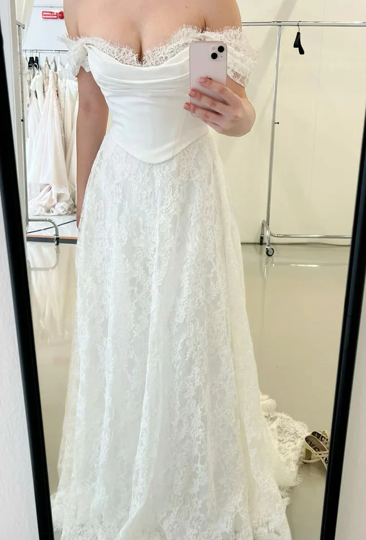 Princess Bridal Dress Mermaid Off The Shoulder Lace Wedding Dress With Short Sleeves Wedding Dresses Modest Wedding Gowns DH1427 - Deanwangkt