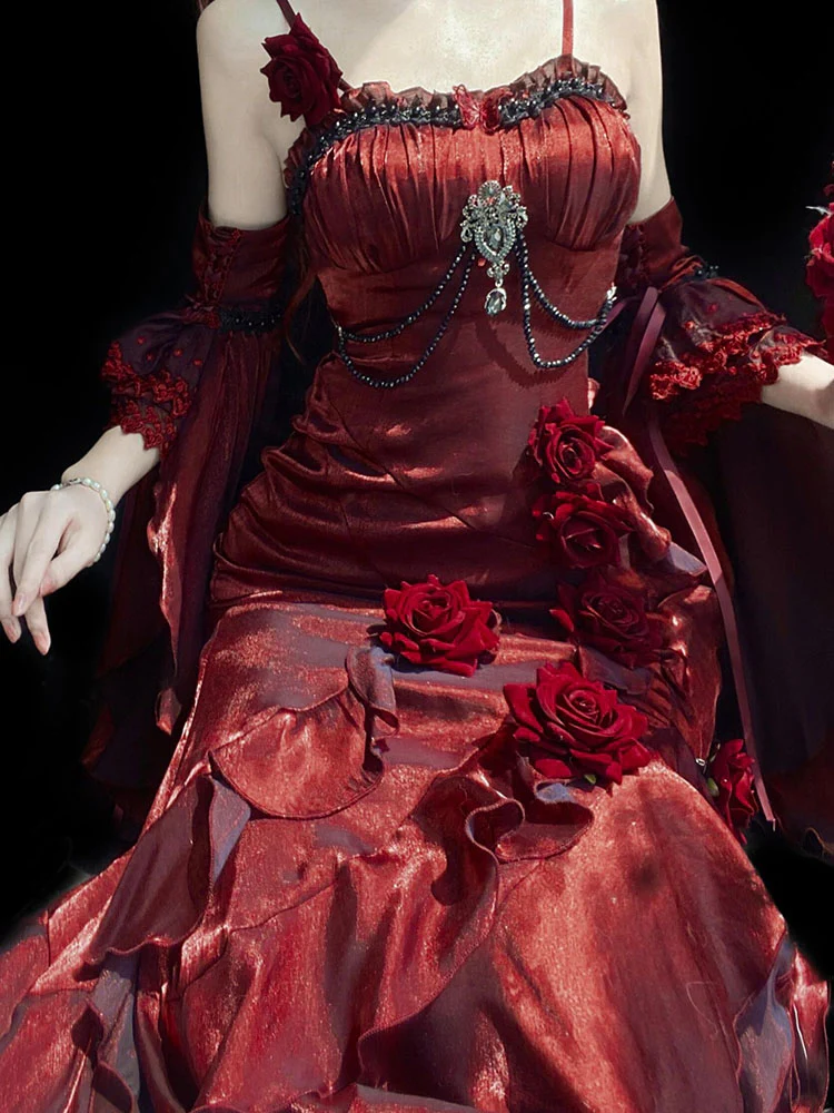 Vintage Mermaid Spaghetti Straps Burgundy Summer 18th Wine Red With Sleeves Birthday Dress Lolita Dress Birthday Outfits W1123 - Deanwangkt