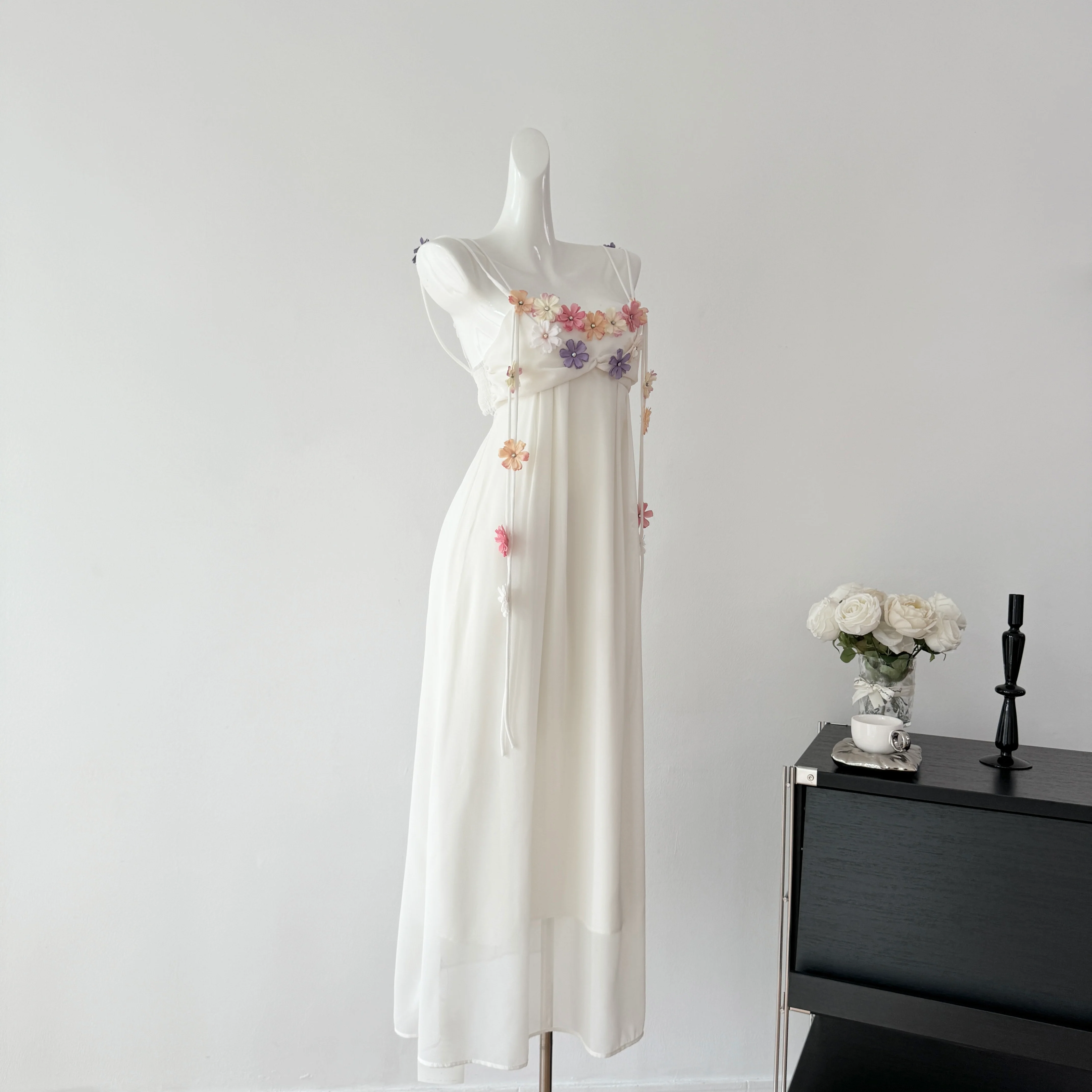 Cute A Line Spaghetti Straps Floral White Chiffon Summer Dress Holiday Party Outfits For Women DP0129 - Deanwangkt