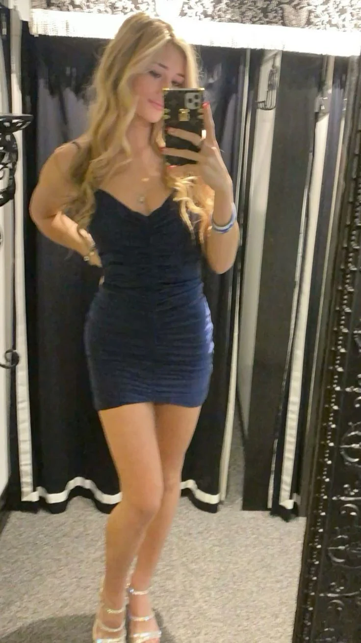 Pretty Sheath Spaghetti Straps Navy Blue Formal Homecoming Dresses Short 21st Birthday Outfits Graduation Dress Mini Cocktail Dresses DH2284 - Deanwangkt