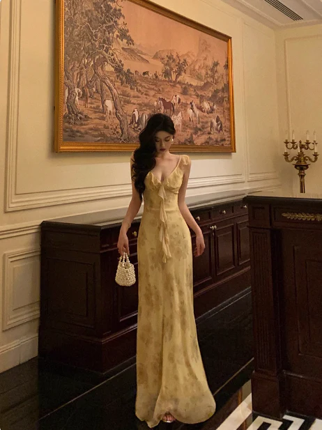 Elegant A line Spaghetti Straps Yellow Floral Sleeveless 21st Birthday Dress Party Gown Birthday Outfits Birthday Dress Ideas For Women DP544 - Deanwangkt