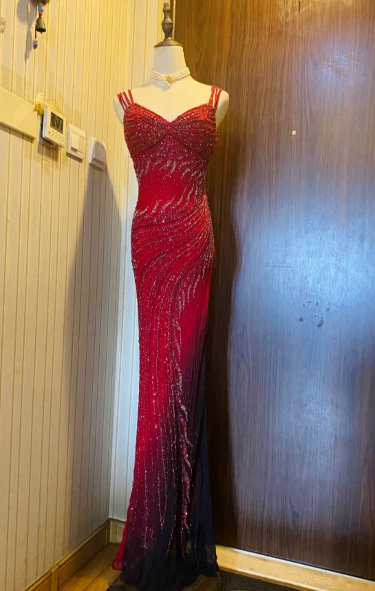 Vintage V-neck Sheath Burgundy Long Prom Dresses Beaded Chiffon Burgundy Formal Dresses DP3931 - Deanwangkt