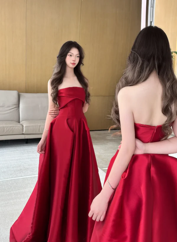 Modest Strapless A-line Satin Long Prom Dresses, Burgundy Formal Evening Dresses DP3061 - Deanwangkt