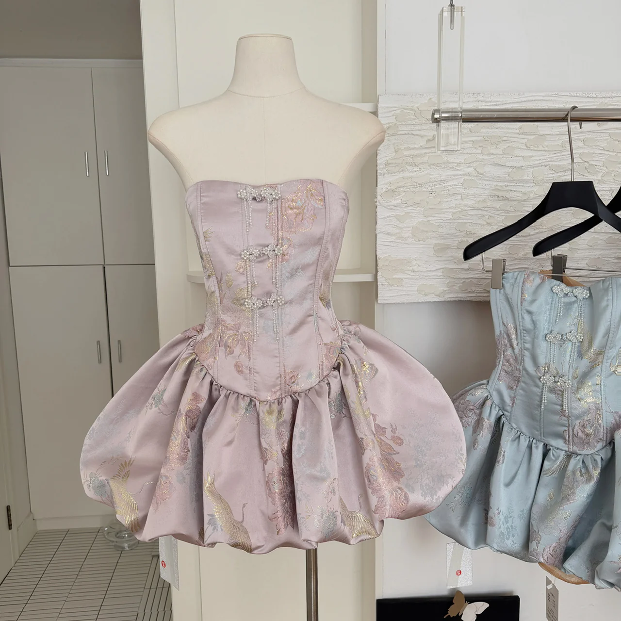 Cute Ball Gown Strapless Satin Floral Pink Short Summer Dress Holiday Party Outfits For Women DP0097 - Deanwangkt