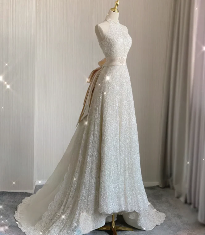 Unique A line High Neckline Lace Long White Wedding Dresses Summer Brides Dress DP409 - Deanwangkt