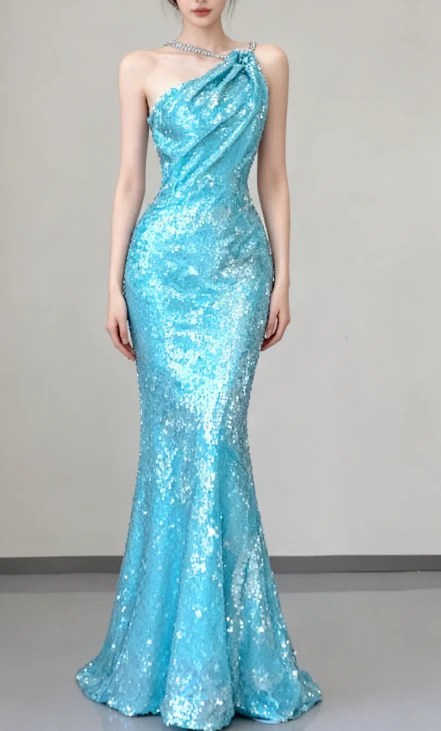 Classy Mermaid Spaghetti Straps Blue Sequin Evening Dress Long Prom Dresses P0005 - Deanwangkt