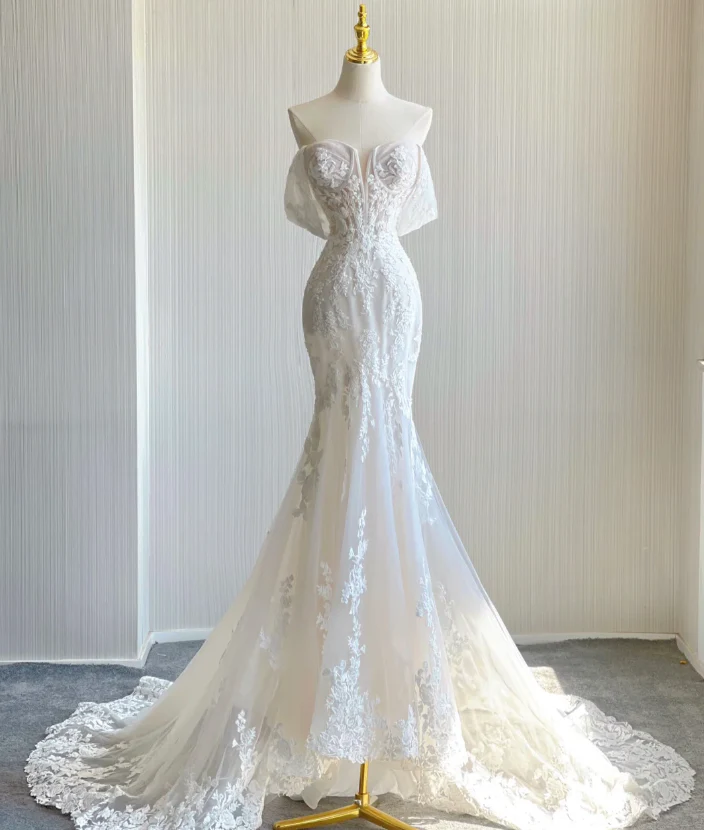 Classy Elegant Mermaid Sweetheart White Lace Wedding Dresses Brides Dress DP441 - Deanwangkt