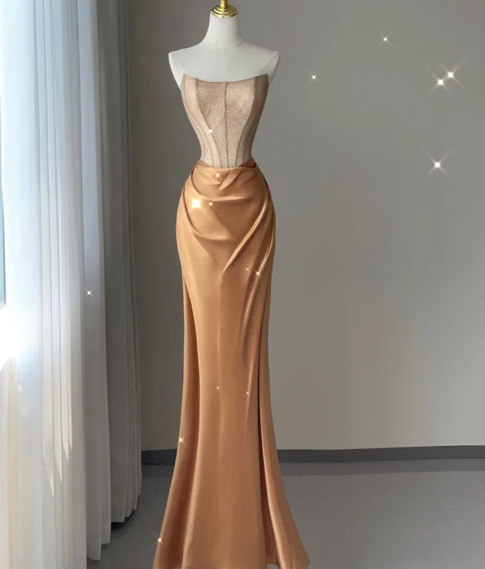 Pretty Mermaid Strapless Satin Sleeveless Long Prom Dresses Evening Dresses DP445 - Deanwangkt