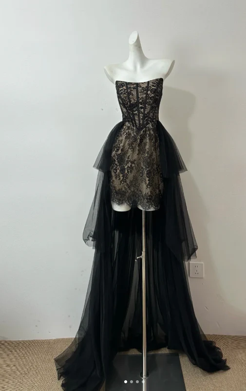 Elegant Strapless Sheath Lace Long Prom Dresses, Black Formal Evening Dresses DP3097 - Deanwangkt