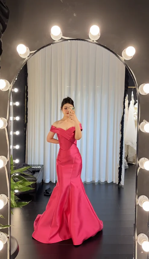 Glam Mermaid Hot Pink Long Prom Dresses Off-shoulder Satin Hot Pink Evening Dresses DP04019 - Deanwangkt